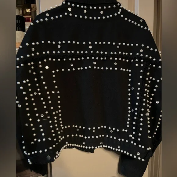 Rodeo Country Western Black Denim Pearls and Studs Jean Jacket